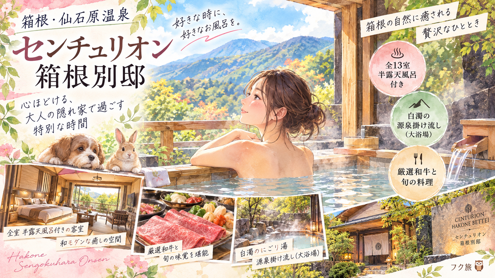 ♨️【箱根・仙石原温泉】露天風呂付き客室で癒し旅♡「センチュリオン箱根別邸」でにごり湯と美食を満喫